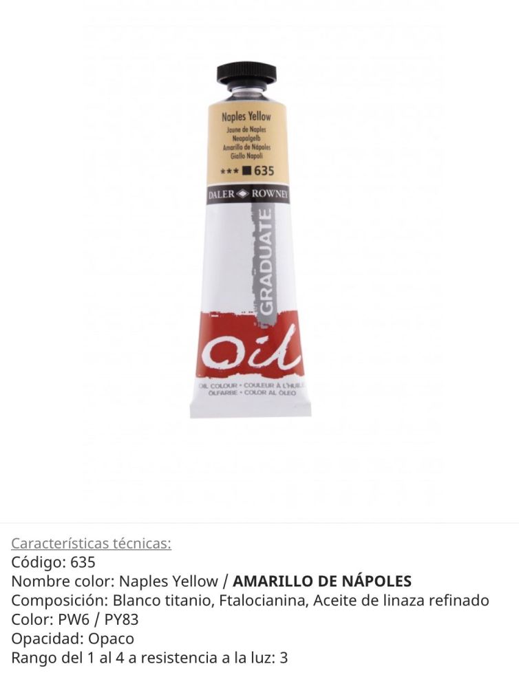Pintura óleo Naples Yellow/ Amarillo Nápoles, 635, 38 ml , Graduate Oil, Daler Rowney