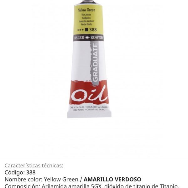Pintura óleo Yellow Green / Amarillo Verdoso , 388, 38 ml , Graduate Oil, Daler Rowney