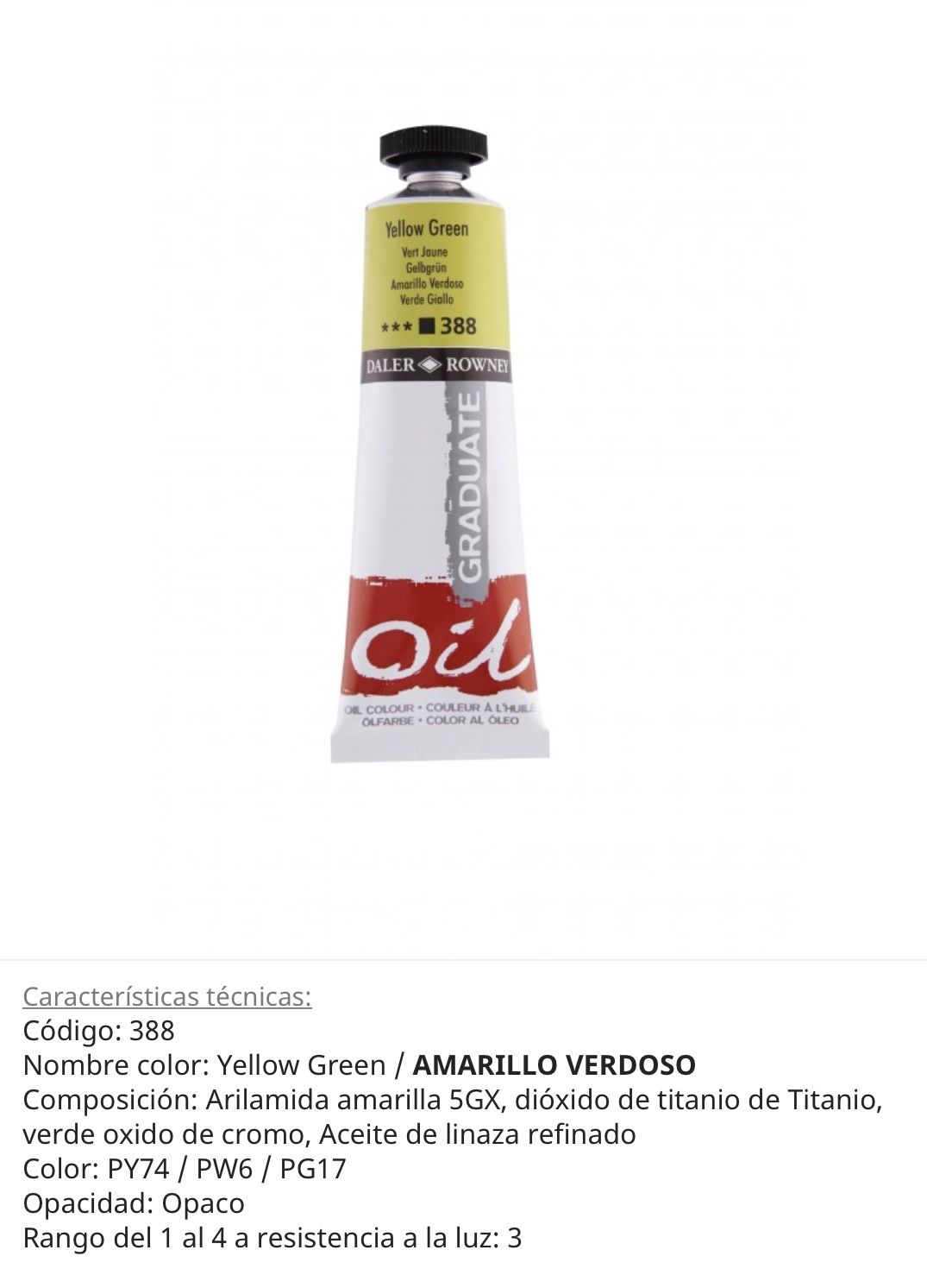Pintura óleo Yellow Green / Amarillo Verdoso , 388, 38 ml , Graduate Oil, Daler Rowney