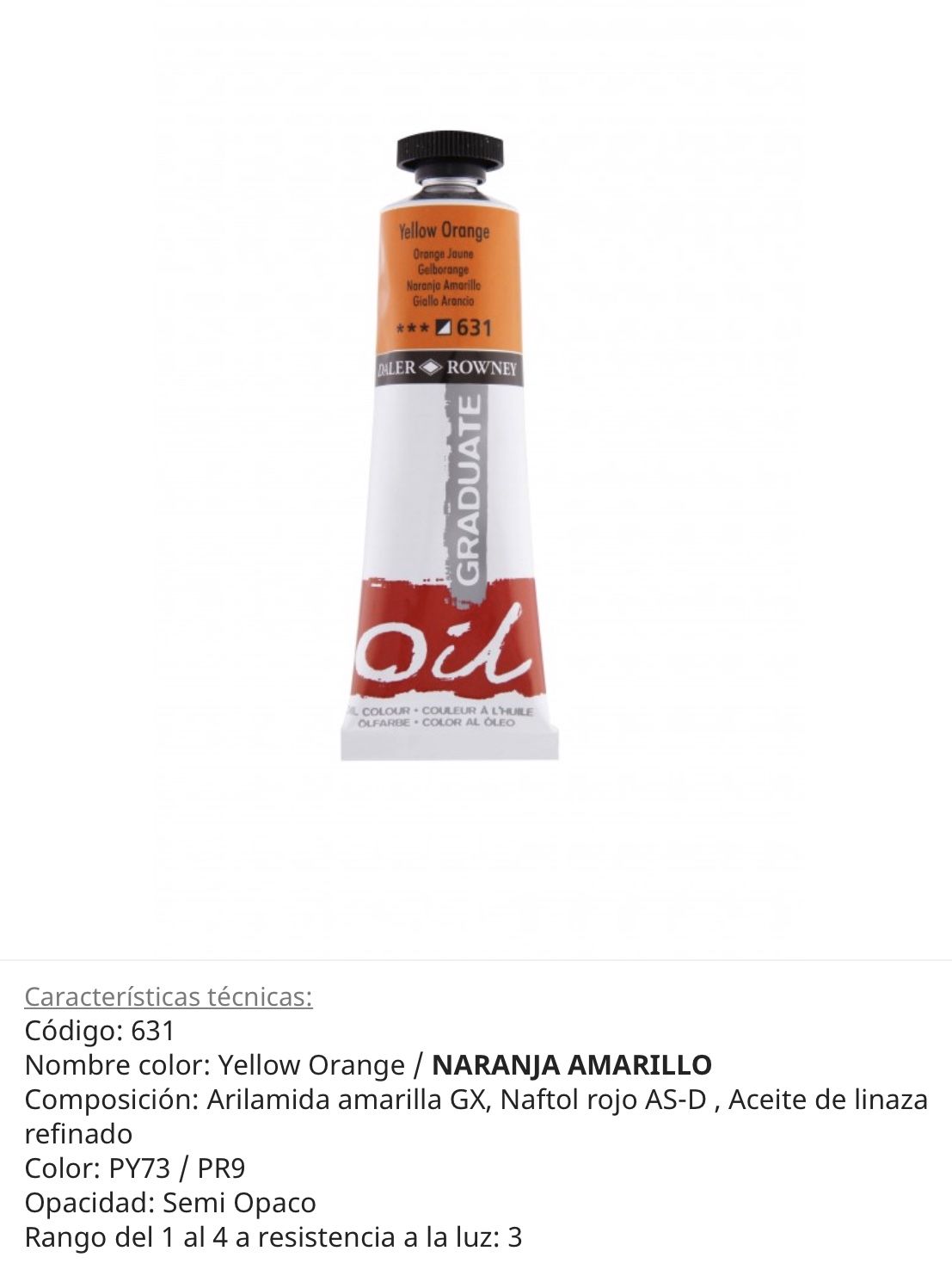 Pintura óleo Yellow Orange/ Naranja Amarillo, 631, 38 ml , Graduate Oil, Daler Rowney