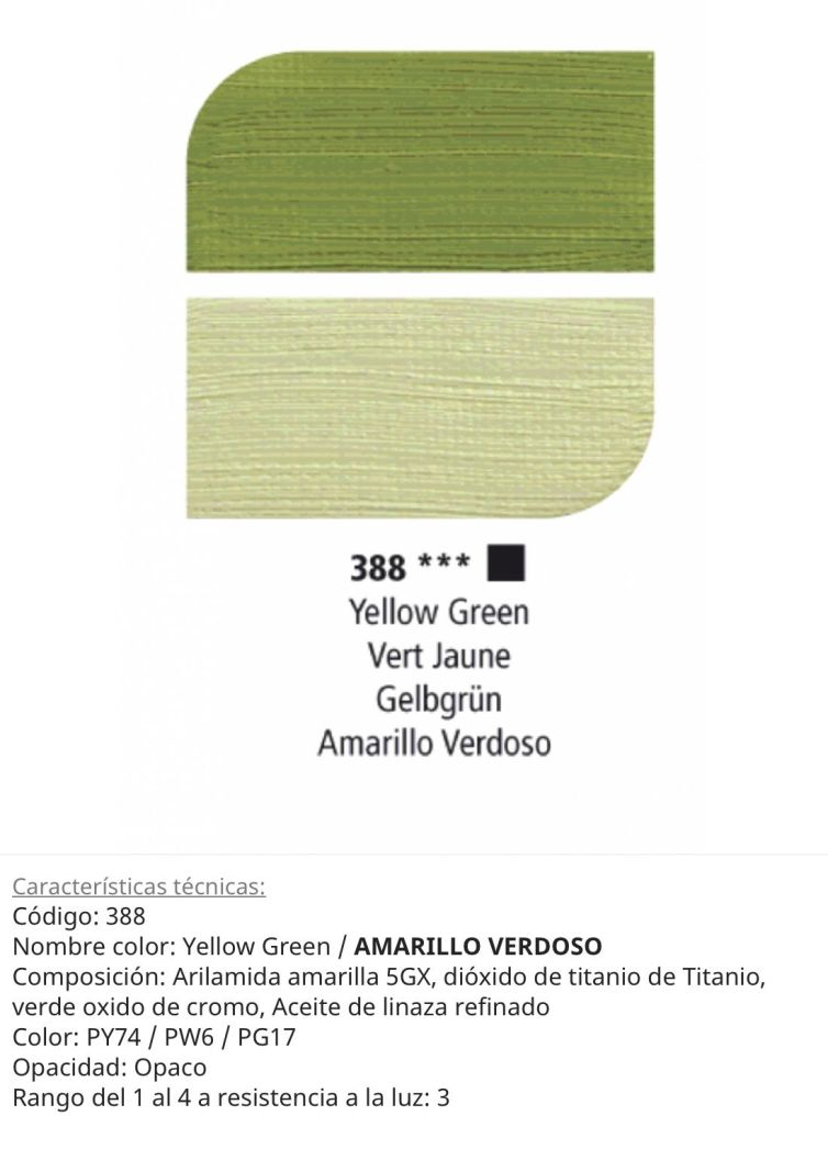 Pintura óleo Yellow Green / Amarillo Verdoso , 388, 38 ml , Graduate Oil, Daler Rowney