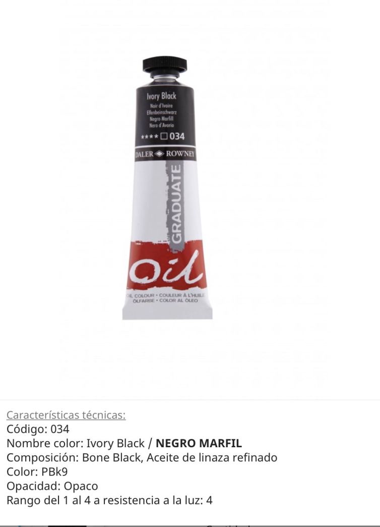 Pintura óleo Ivory Black/negro marfil , 034, 38 ml , Graduate Oil, Daler Rowney