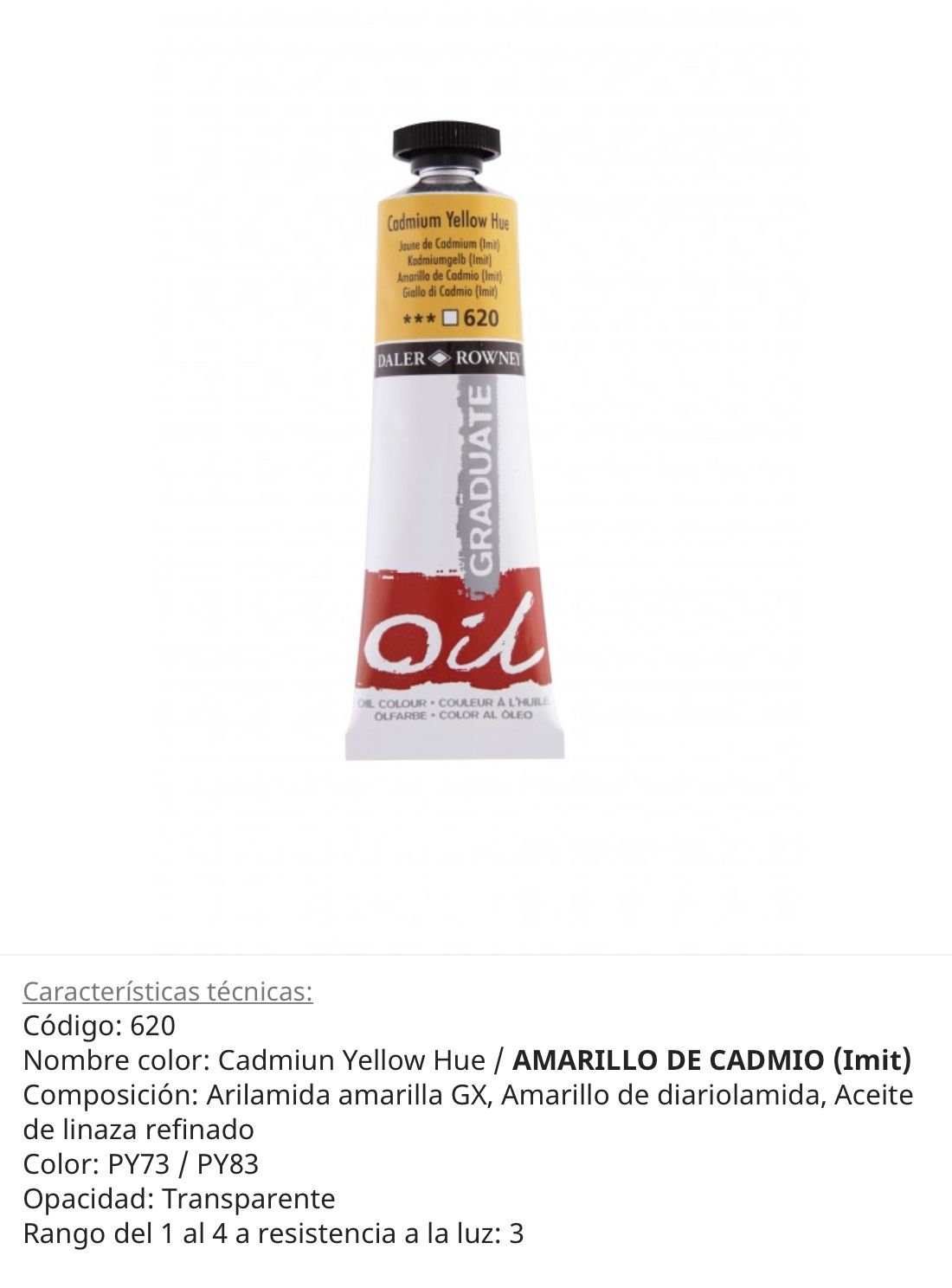Pintura Óleo Cadmiun Yellow Hue/ Amarillo de Cadmio ( imit) 620, 38 ml , Graduate Oil, Daler Rowney