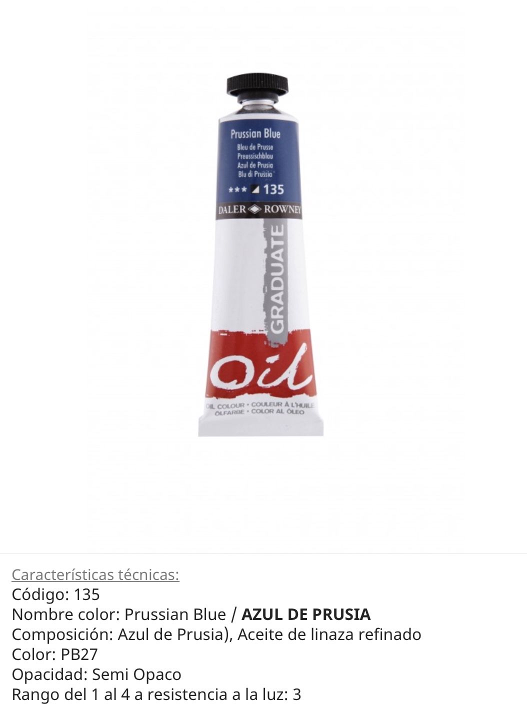 Pintura óleo prussian blue/azul de Prusia , 38 ml, Graduate Oil, Daler Rowney