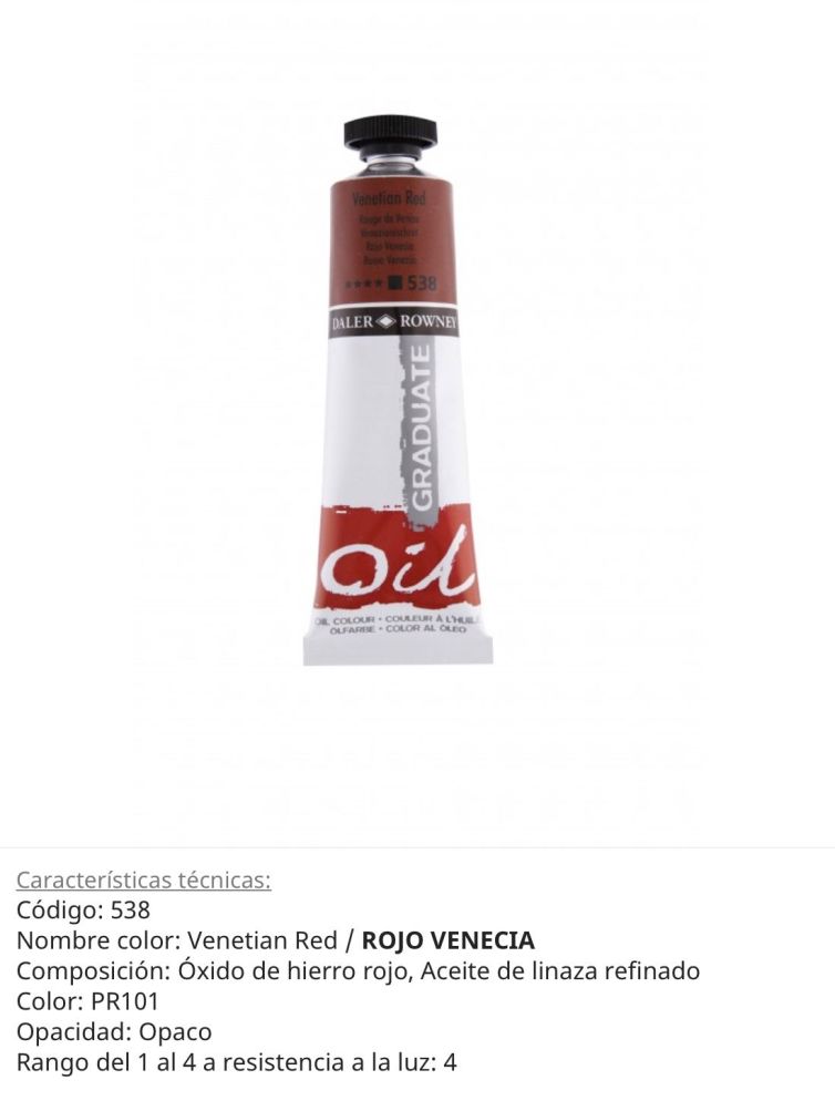 Pintura óleo Venetian Red/ Rojo Venecia, 538, 38 ml , Graduate Oil, Daler Rowney