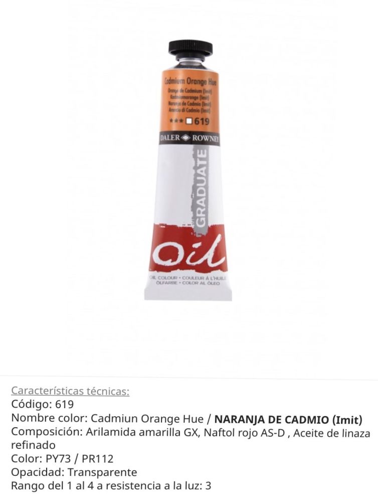 Pintura óleo Cadmiun Orange / Naranja de Cadmio ( imit) ,619, 38 ml , Graduate Oil, Daler Rowney