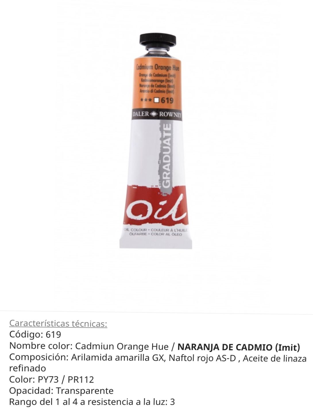 Pintura óleo Cadmiun Orange / Naranja de Cadmio ( imit) ,619, 38 ml , Graduate Oil, Daler Rowney