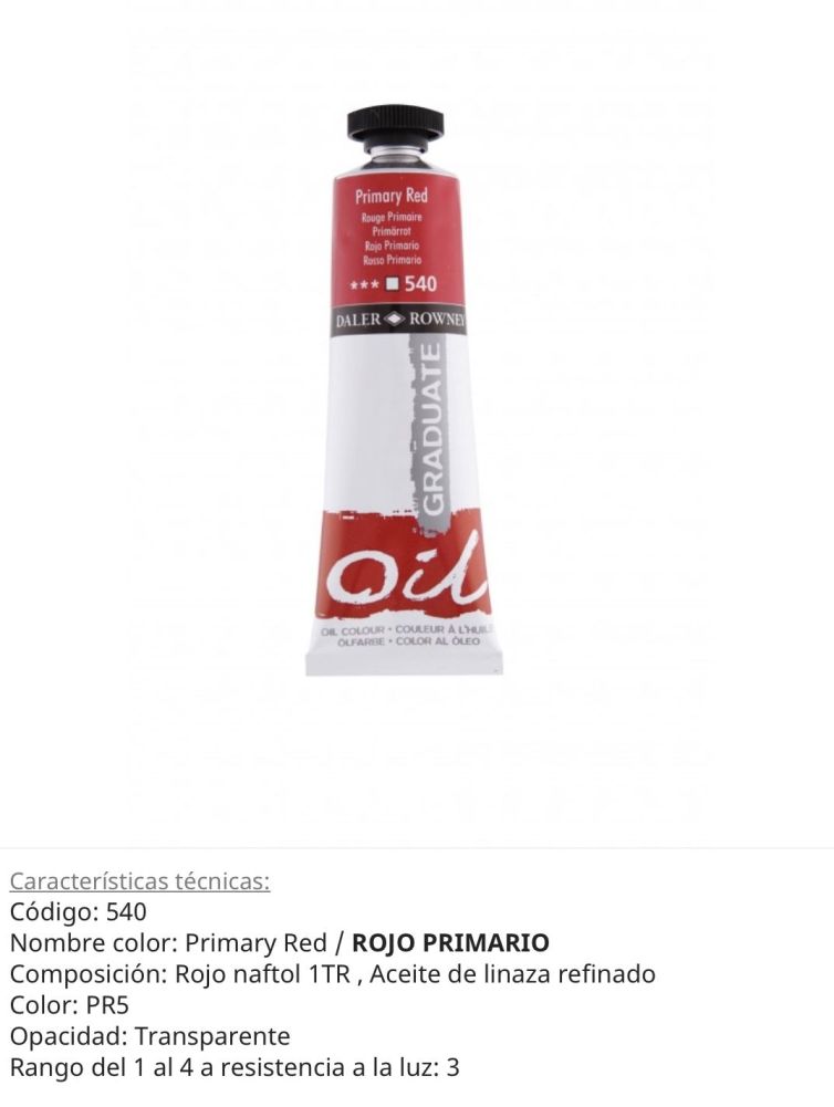 Pintura óleo Primary Red/ Rojo Primario, 540, 38 ml, Graduate Oil, Daler Rowney