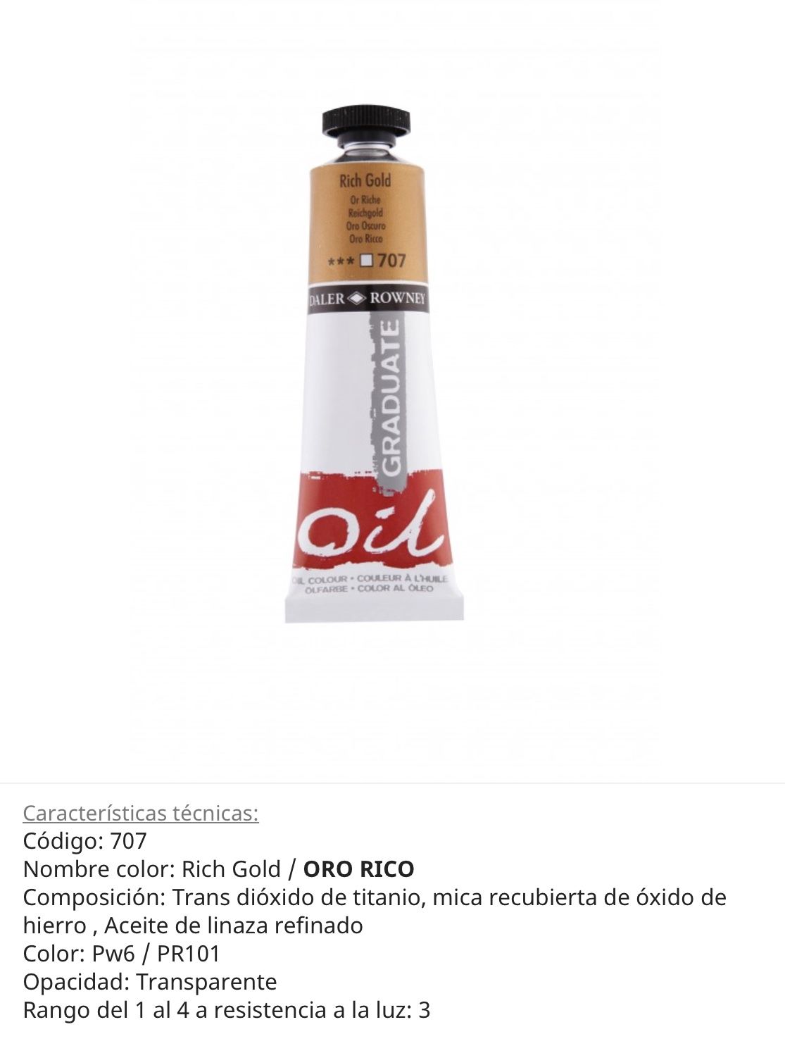 Pintura óleo Rich Gold/ Oro Rico , 707, 38 ml , Graduate, Daler Rowney