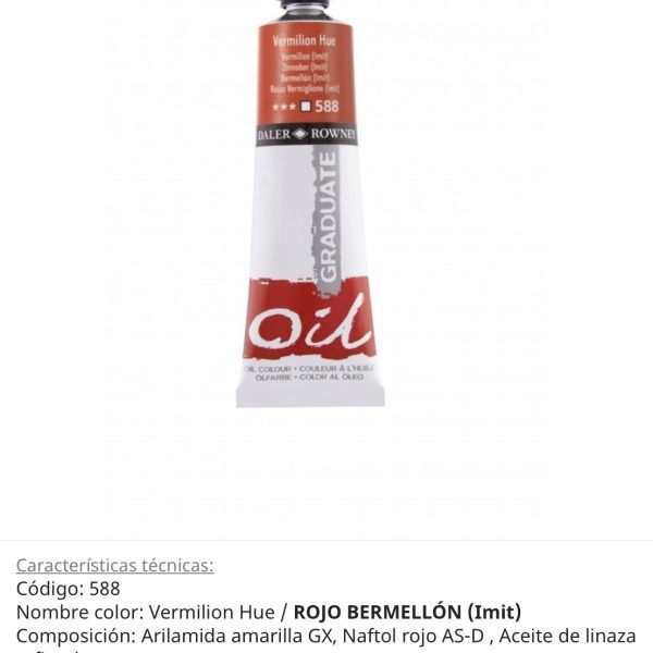 Pintura óleo Vermillon Hue/ Rojo Bermellón ( imit) , 588, 38 ml , Graduate Oil, Daler Rowney