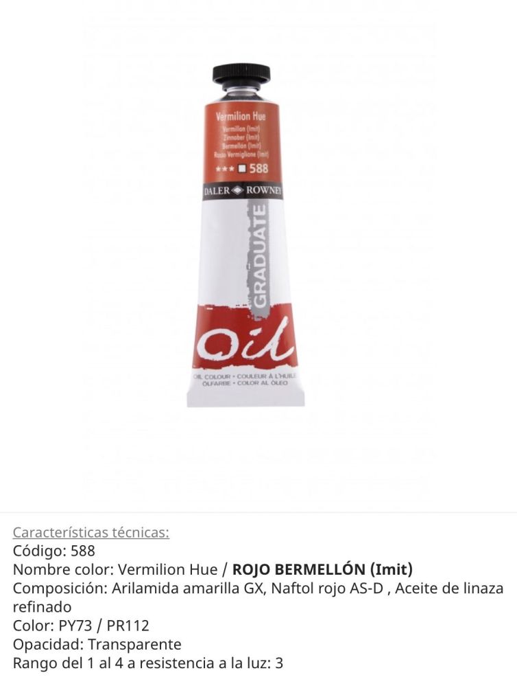 Pintura óleo Vermillon Hue/ Rojo Bermellón ( imit) , 588, 38 ml , Graduate Oil, Daler Rowney