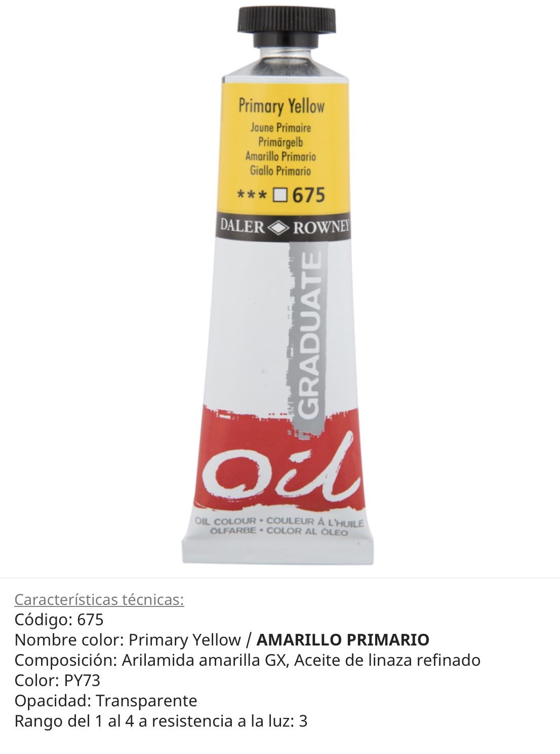 Pintura óleo Primary Yellow/ Amarillo Primario, 675, 38 ml , Graduate, Daler Rowney