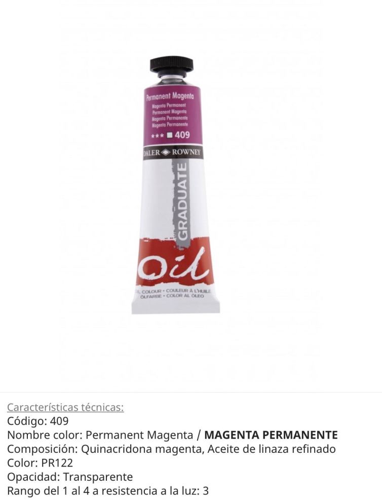 Pintura óleo Permament Magenta/ Magenta Permanente, 409, 38 ml , Graduate Oil, Daler Rowney