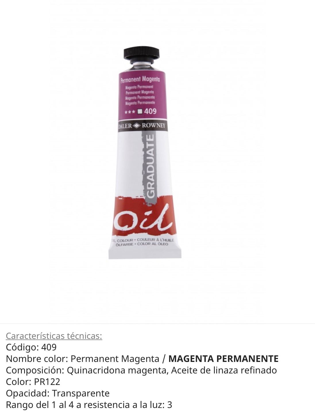 Pintura óleo Permament Magenta/ Magenta Permanente, 409, 38 ml , Graduate Oil, Daler Rowney