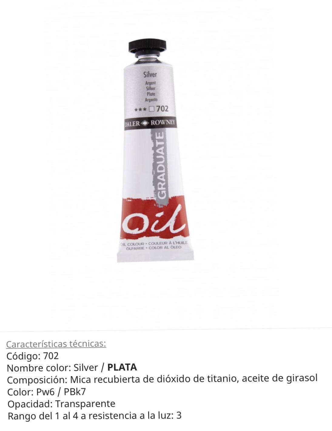 Pintura óleo Silver/ plata , 702, 38 ml , Graduate, Daler Rowney