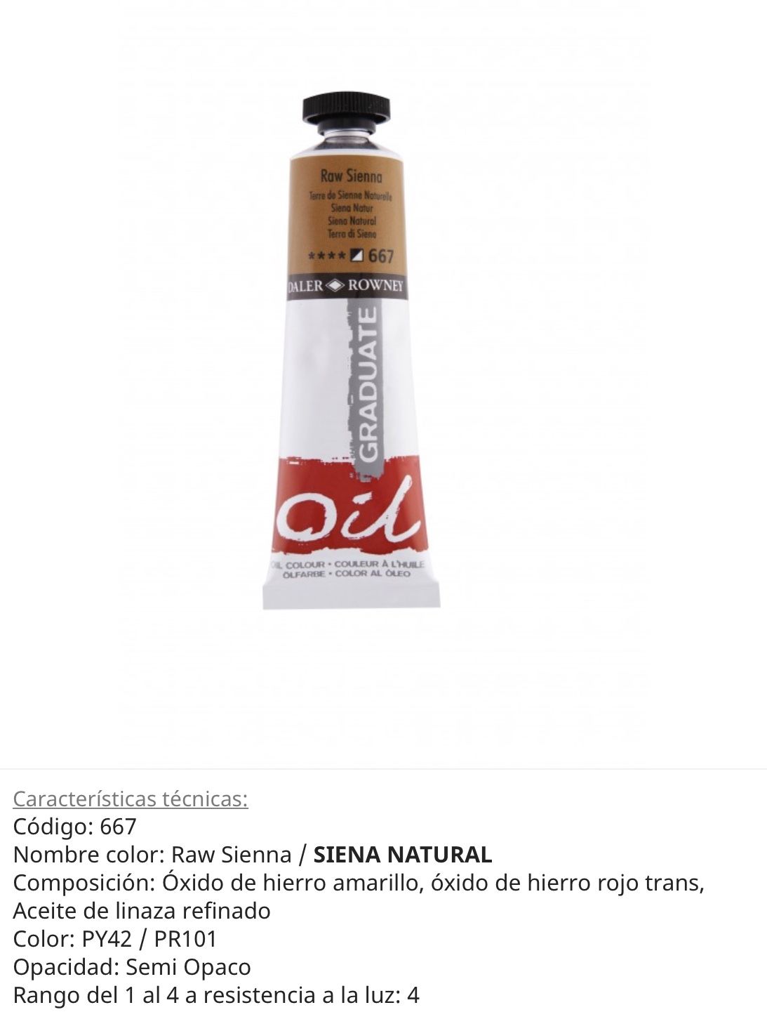 Pintura óleo Raw Sienna/ Siena Natural, 667, 38 ml , Graduate Oil, Daler Rowney