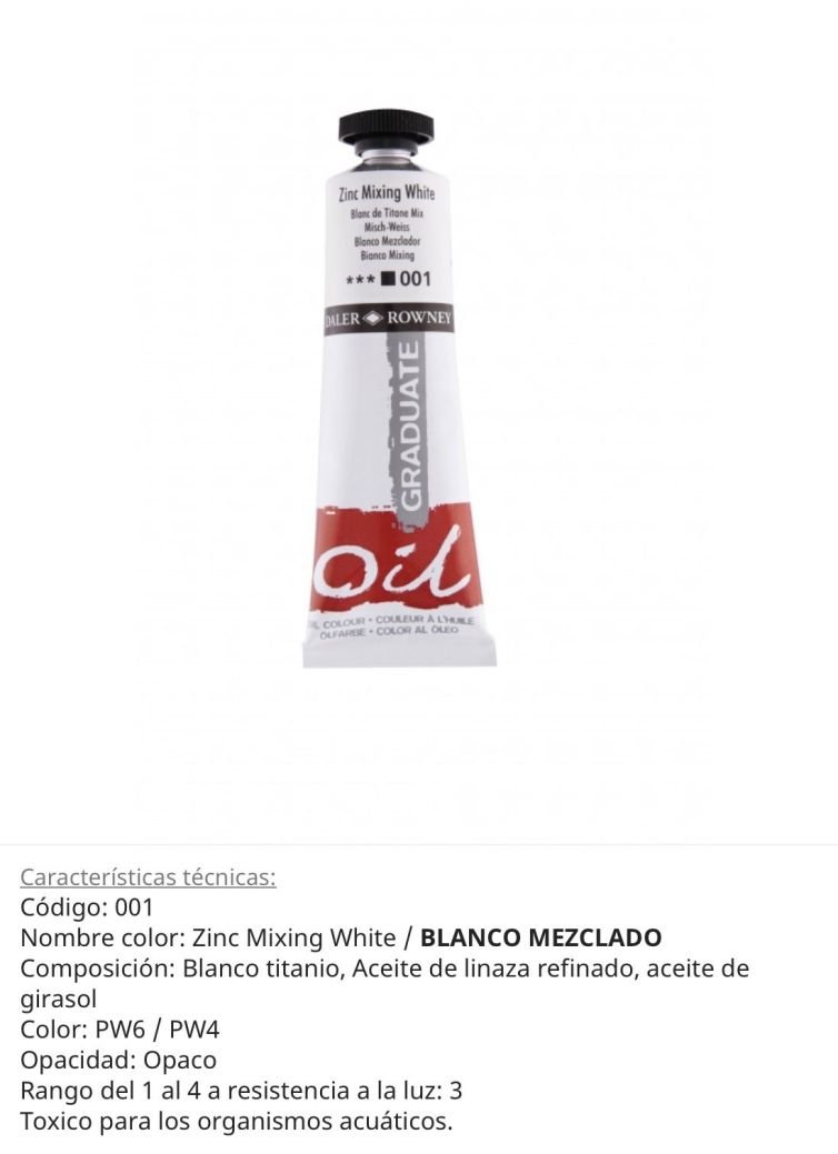 Pintura de óleo zinc mixing white /blanco mezclado, 001, Graduate oil, 38 ml aler Rowney