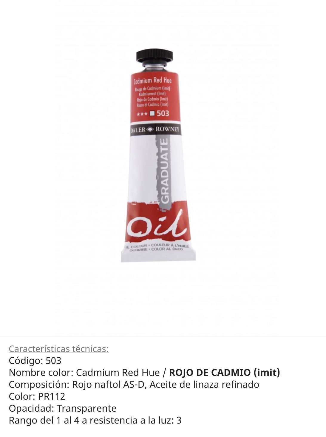 Pintura óleo Cadmium Red/ Rojo de Cadmio, 503, 38 ml , Graduate Oil, Daler Rowney