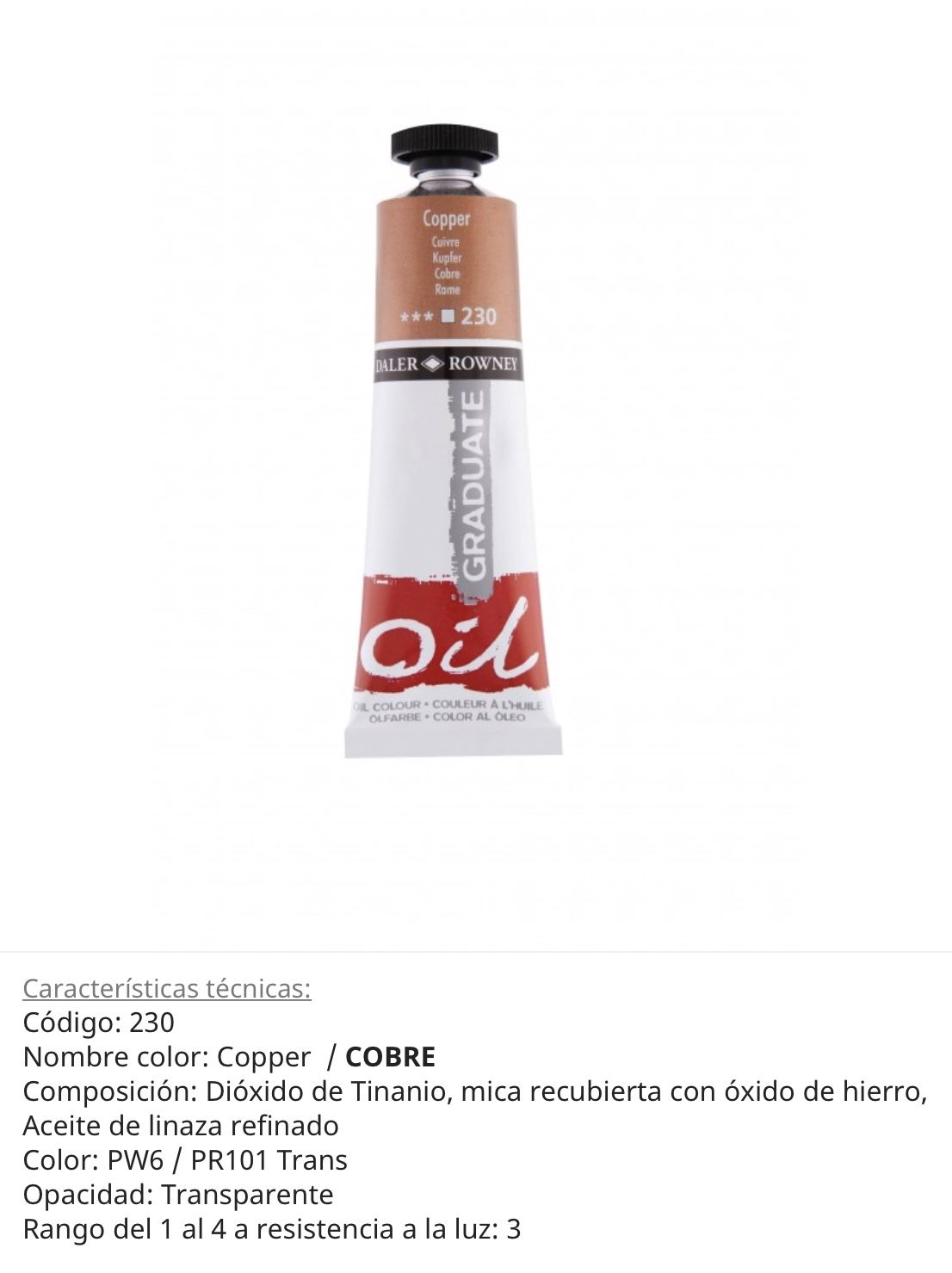 Pintura óleo Copper/ Cobre, 230, 38 ml, Graduate Oil, Daler Rowney