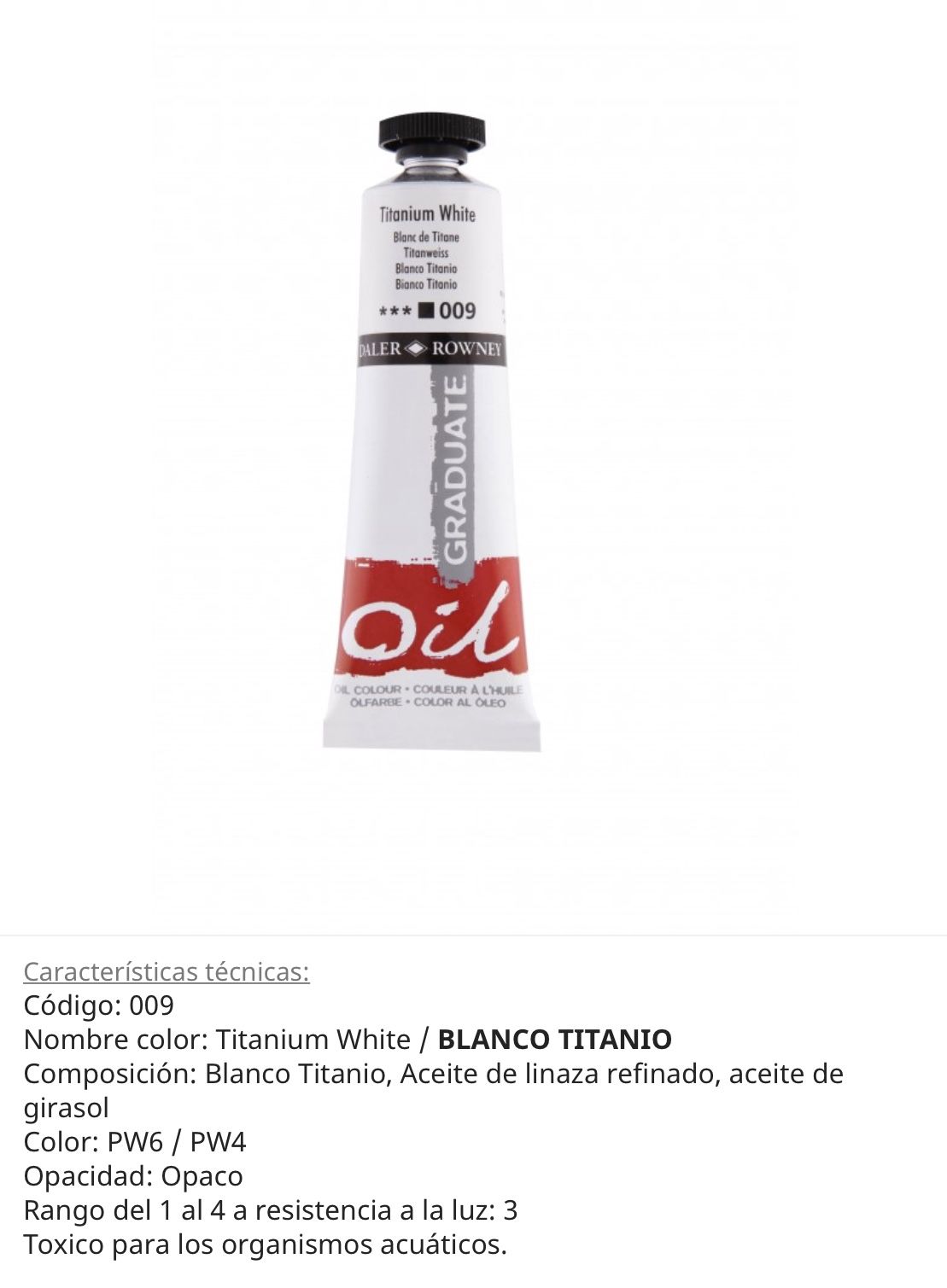 Pintura óleo Titanium White/ blanco Titanio 009, 38 ml , Graduate, Daler Rowney