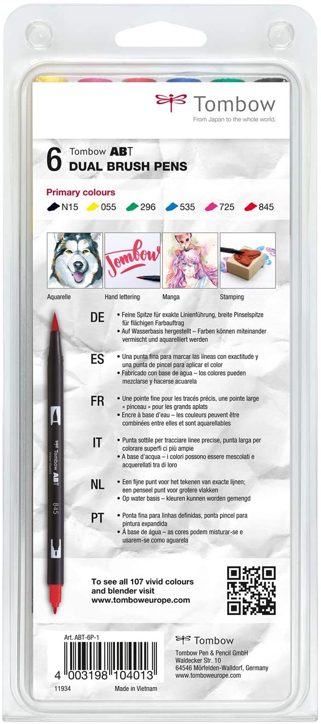 Tombow 6 ABT Dual Brush Pens – Primary Colors