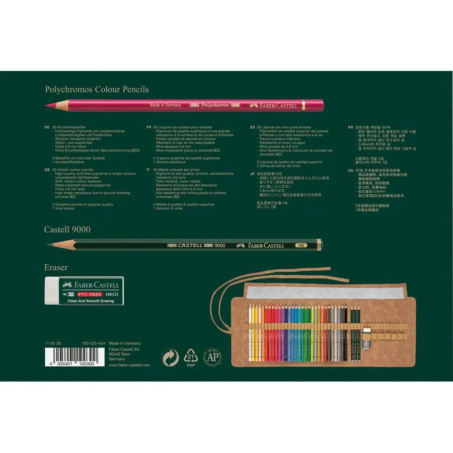 estuche enrollable polychromos 30 colores+accesorios faber castell art. nr. 110030