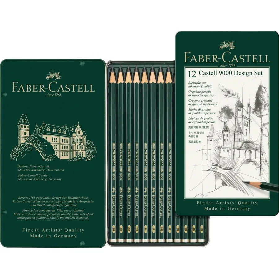 estuche de metal de dibujo con 12 lápices faber castell 9000 art. nr. 119064