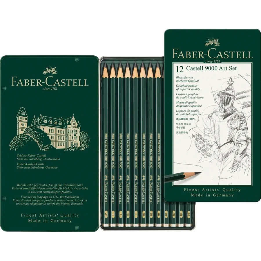 estuche de metal de dibujo con 12 lápices faber castell 9000 art. nr. 119065