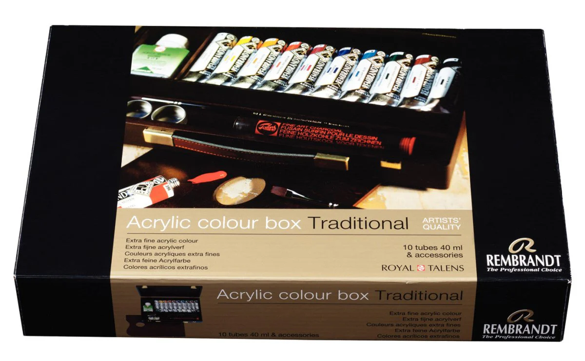 estuche de madera acrílicos rembrandt traditional 10 x 40 ml + accesorios art. nr. 18840004