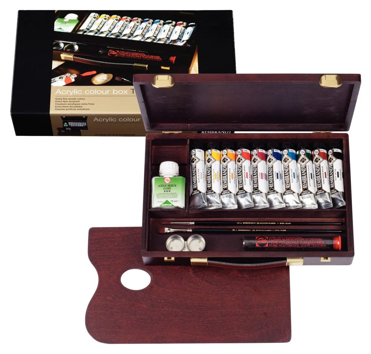 estuche de madera acrílicos rembrandt traditional 10 x 40 ml + accesorios art. nr. 18840004