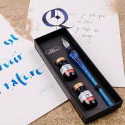 estuche de pluma de vidrio azul + 2 botes de tinta jacques herbin art. nr. 29313t
