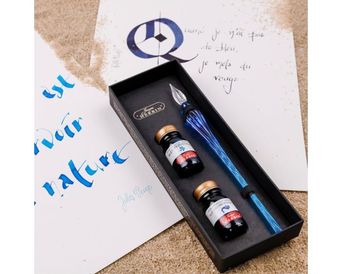 estuche de pluma de vidrio azul + 2 botes de tinta jacques herbin art. nr. 29313t