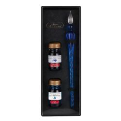 estuche de pluma de vidrio azul + 2 botes de tinta jacques herbin art. nr. 29313t