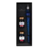 estuche de pluma de vidrio azul + 2 botes de tinta jacques herbin art. nr. 29313t