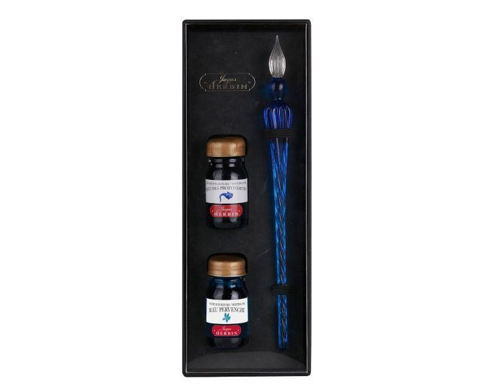 estuche de pluma de vidrio azul + 2 botes de tinta jacques herbin art. nr. 29313t