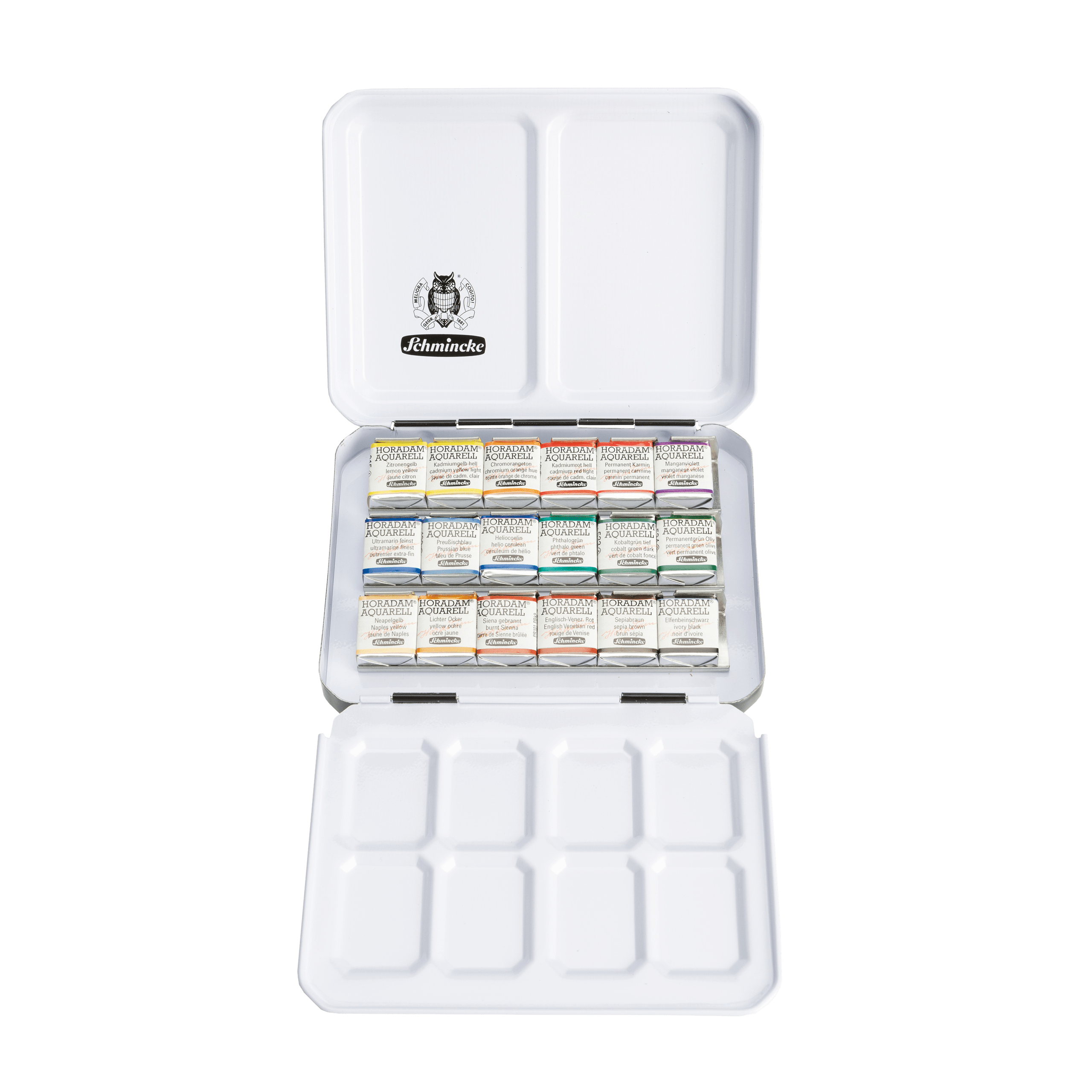 caja acuarelas schmincke horadam® 18 ½ godets + pincel + estuche de cuero art. nr. 74 660