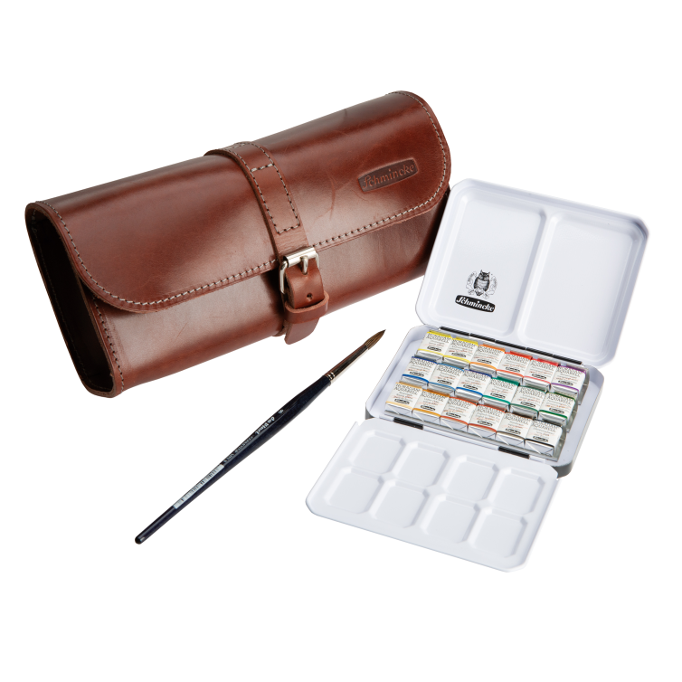 Caja Acuarelas Schmincke Horadam® 18 ½ Godets + Pincel + Estuche de cuero «Edición Limitada» Art.-Nr. 74 660