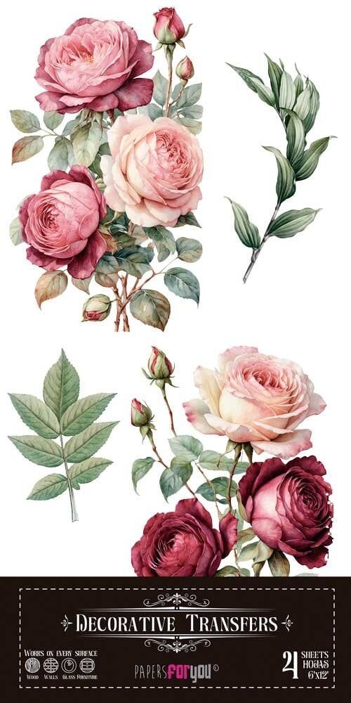 transfers decorativos 15x30cm 4 hojas – rosas art. nr. pfy 14772