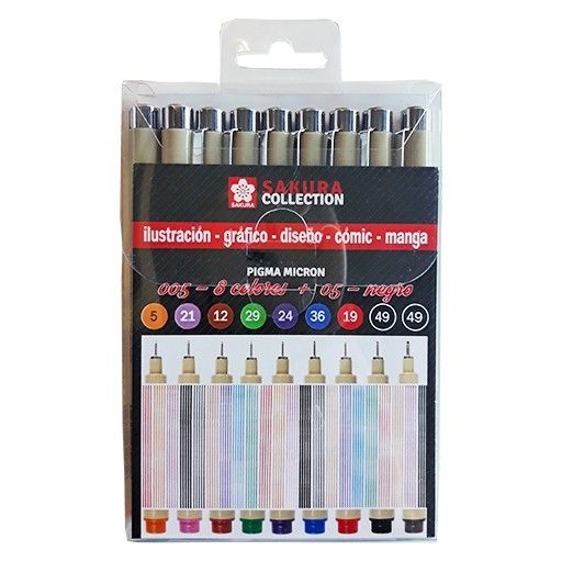 sakura estuche 8 colores pigma micron 0,05 + 0,5 negro art. nr. po09001