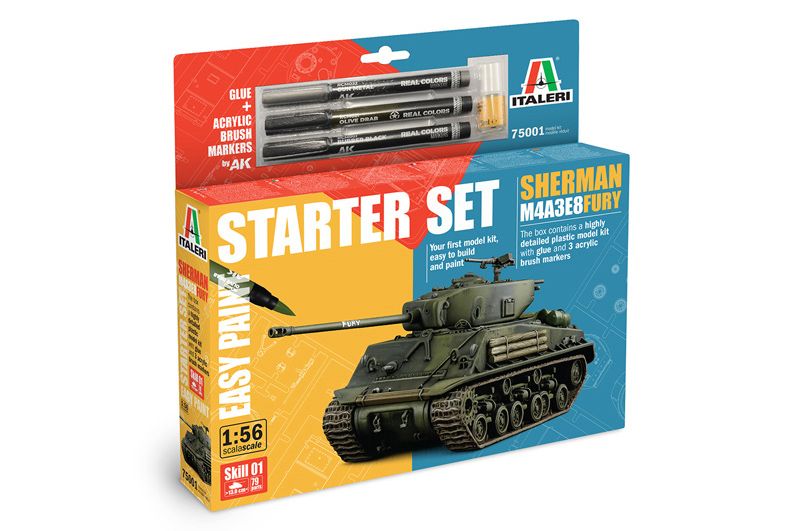 1:56 sherman m4a3e8 fury +pegamento + 3 rotuladores de pincel acrílicos art. nr. 75001