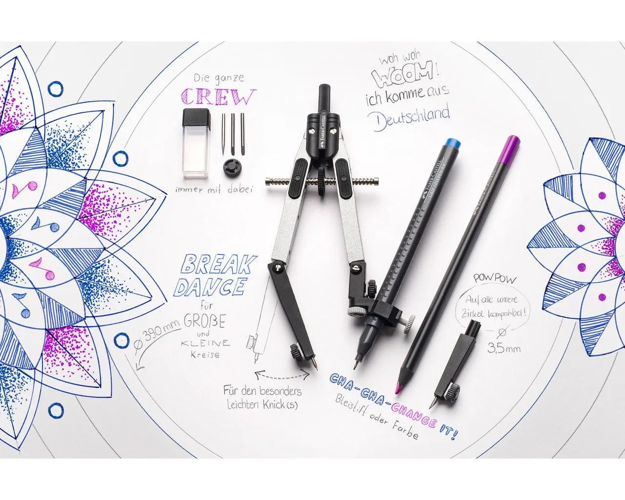 compás de ajuste rápido neón con adaptador faber castell art. nr. 174022