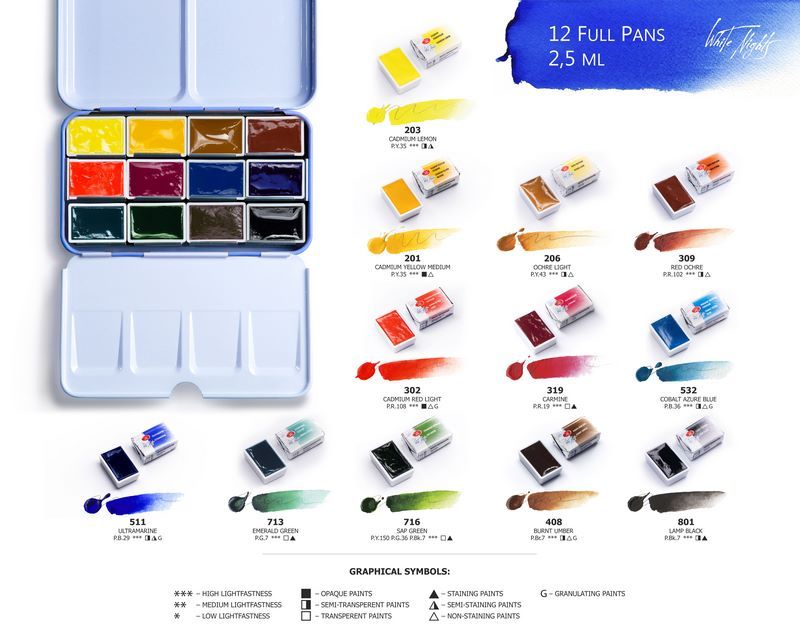caja metálica acuarelas white nights 12 godets art. nr. 191201561